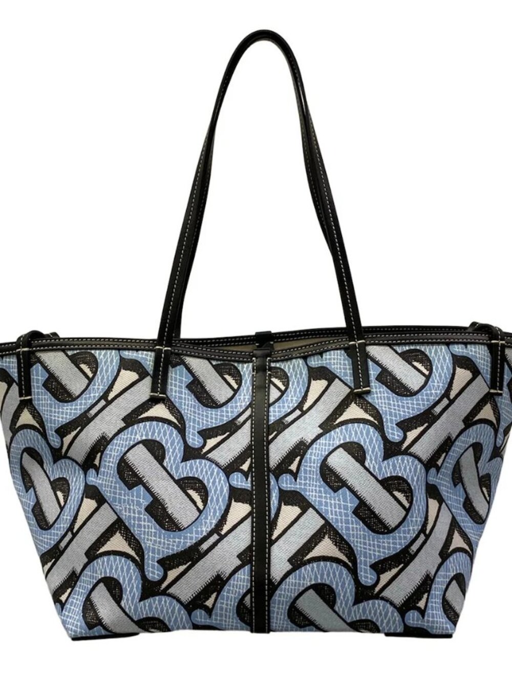 Burberry Mini Monogram-Print E-Canvas Beach Tote Light Blue Black Coated Canvas
